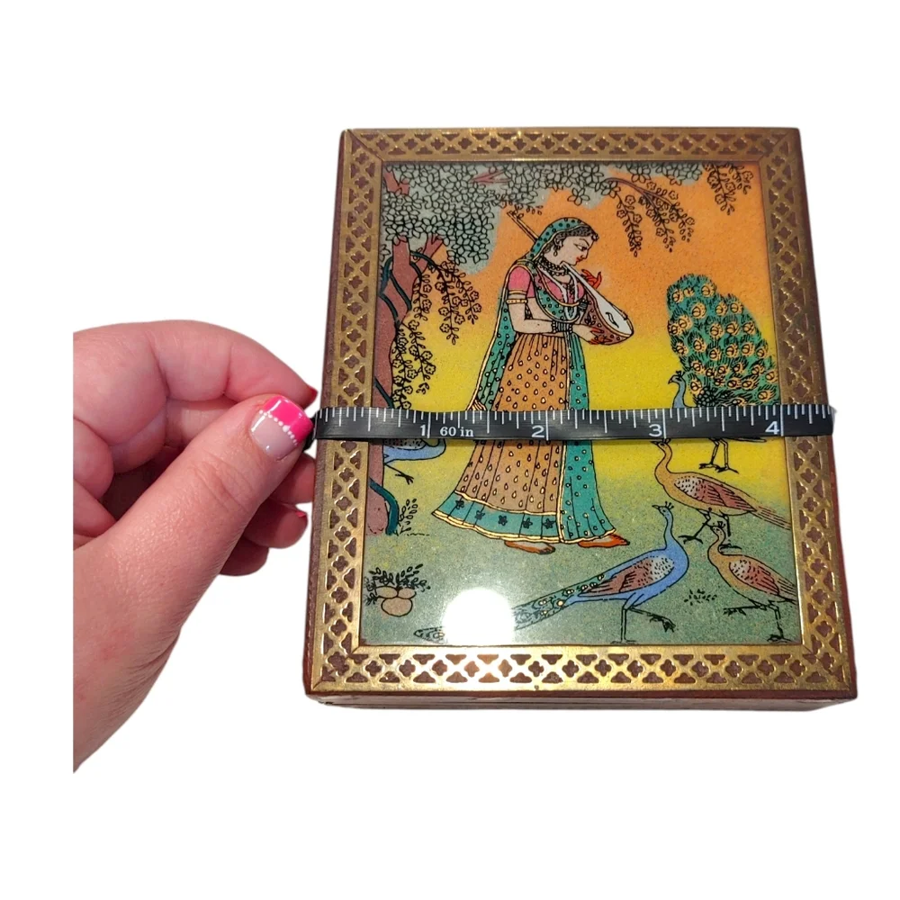 Vintage Indian Wooden Trinket Jewelry Box with Reverse Glass Painting Lid